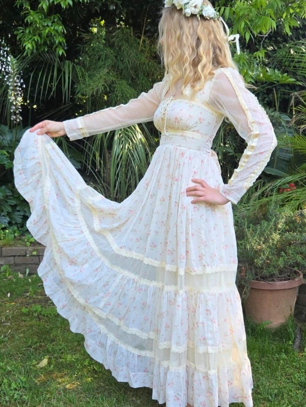 Gunne Sax Maxi Dress Size 7 S Tulle Prairie Corset Vintage 70s Cream Floral